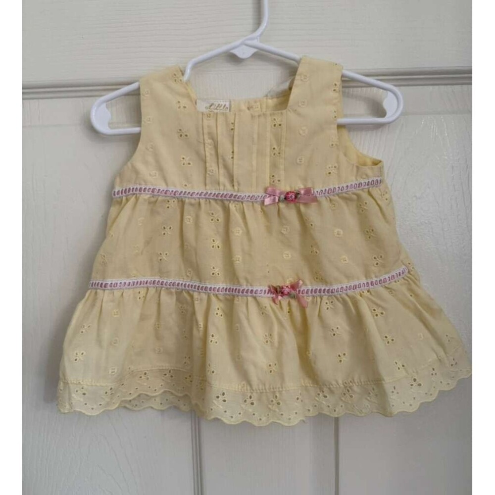 Little Bitty Baby Girl Yellow Eyelet Dress Size 3-6M Pink Ribbon Floral
